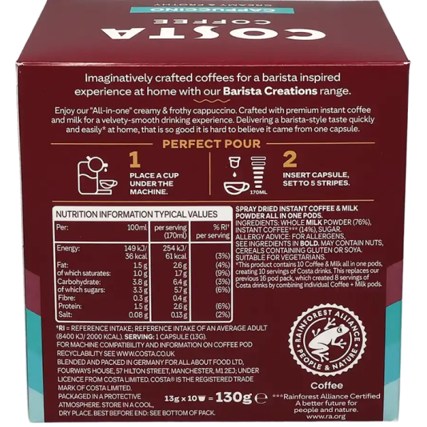 Кафе капсули Costa Capupuccino съвместими с Dolce Gusto, 10 капсули