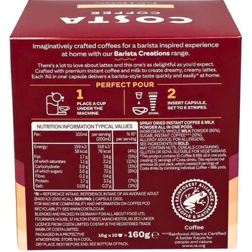 Кафе капсули Costa Latte съвместими с Dolce Gusto, 10 капсули